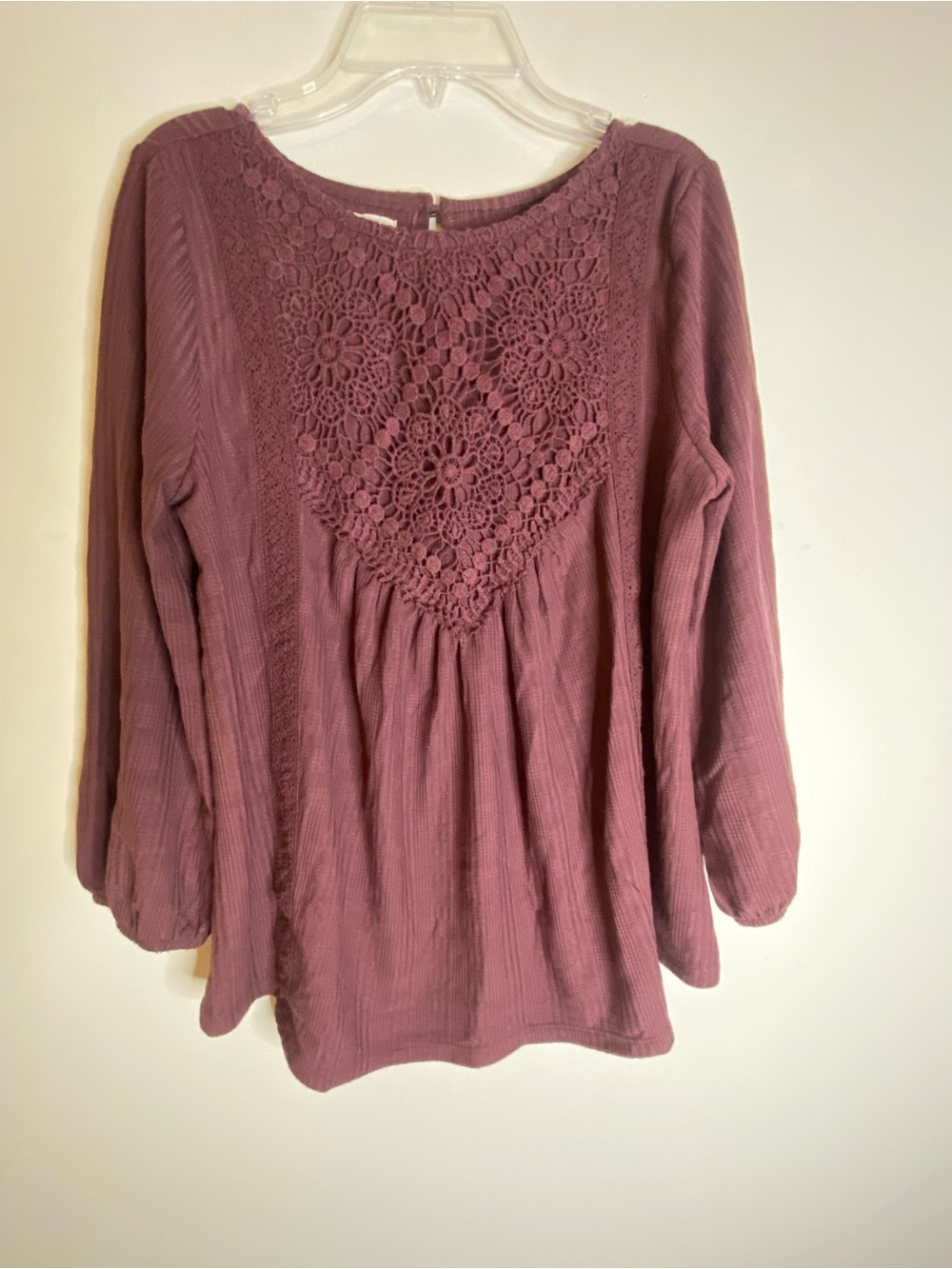 Maurices Mauve Crochet Yoke Long-Sleeve Blouse